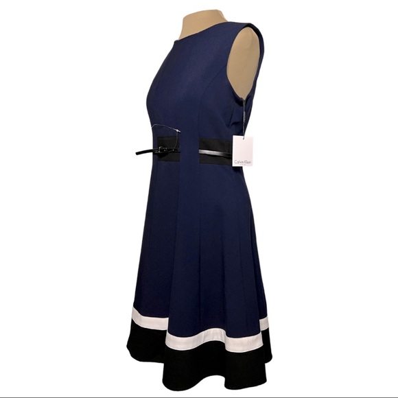 Calvin Klein Navy Blue Black & White Dress with Belt, Fully Lined, NWT - Picture 3 of 9